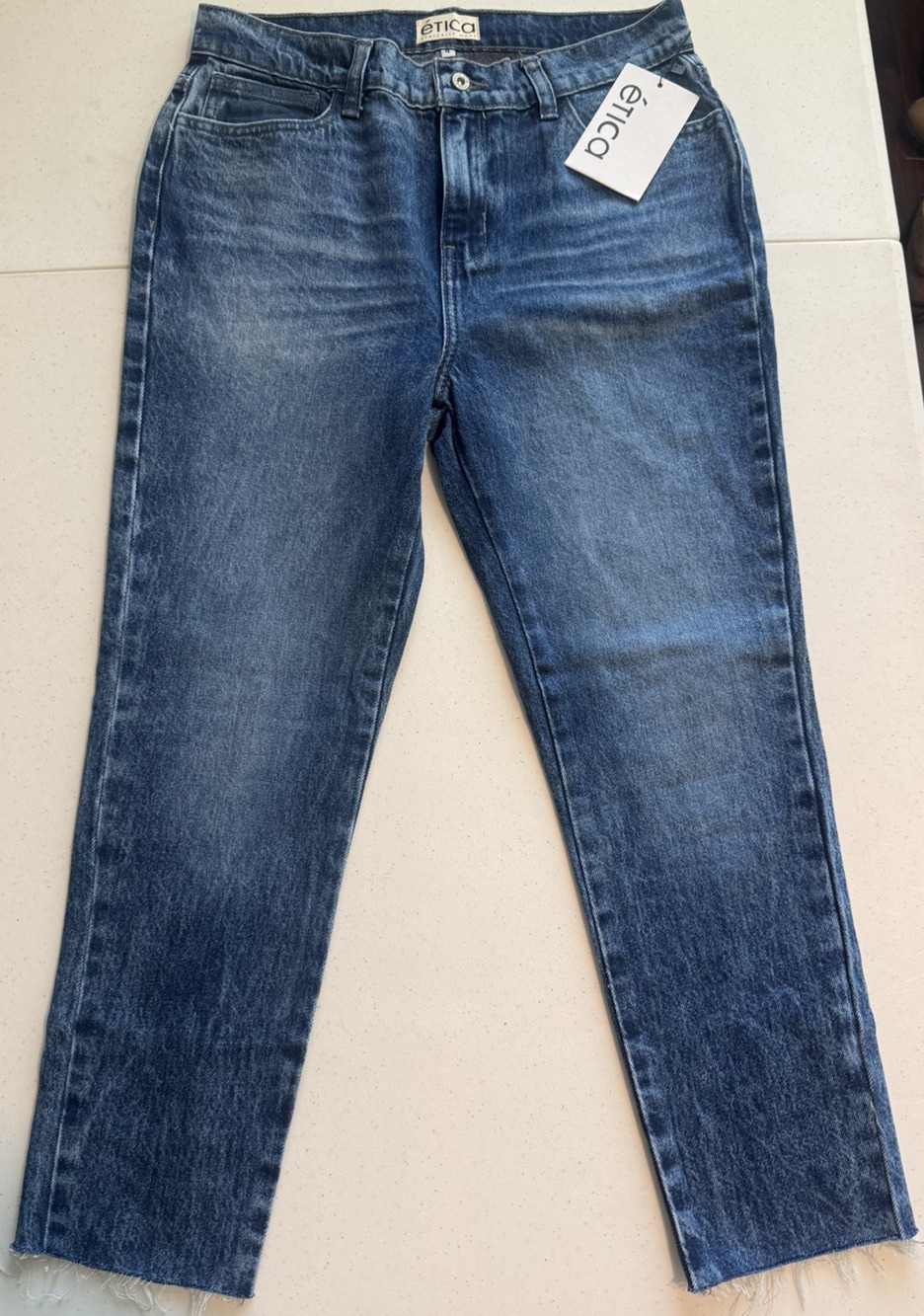 Etica Womens Straight Leg Jeans Blue Size 4 Mid Rise Slim Cotton Raw Hem NWT